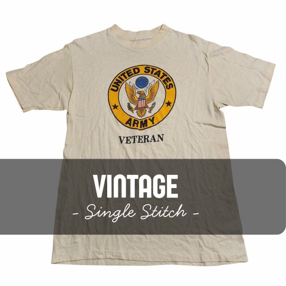 VTG 90s Hanes Beefy-T US Army Veteran Graphic Tee - Cream Size L Single Stitch
